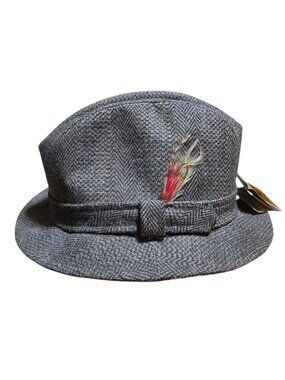 Dorfman Pacific Fedora Hat Medium Grey Herringbone Feather Accent Made In USA